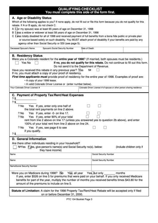 Fillable Qualifying Checklist, Form 104 Ptc - Colorado Property Tax/rent/heat Rebate - 1998 Printable pdf