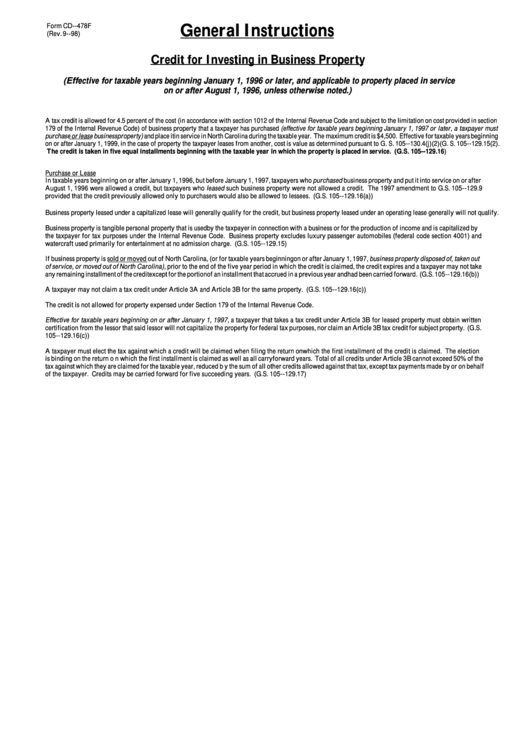 General Instructions - Credit For Investing In Business Property (Form Cd-478f) Printable pdf