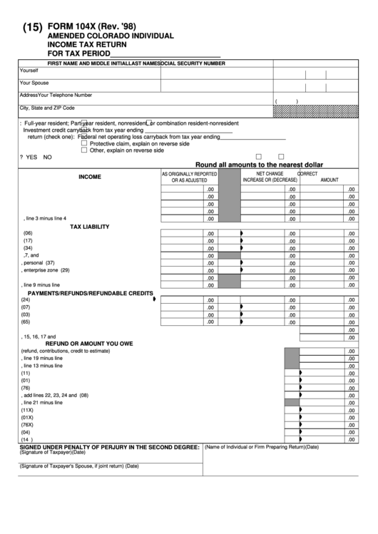 Fillable Form 104x - Amended Colorado Individual Income Tax Return Printable pdf