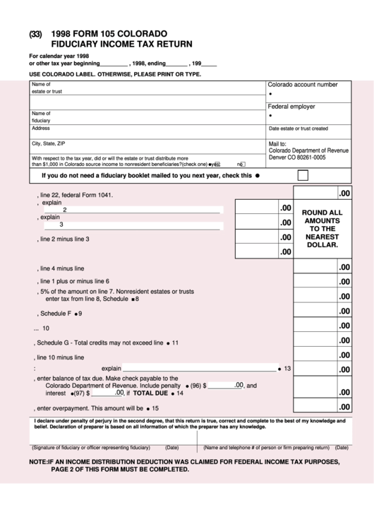 Fillable Form 105 - Colorado Fiduciary Income Tax Return - 1998 Printable pdf