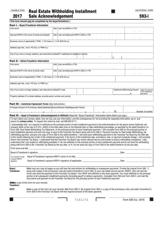 Fillable California Form 593-I - Real Estate Withholding Installment Sale Acknowledgement - 2017 Printable pdf