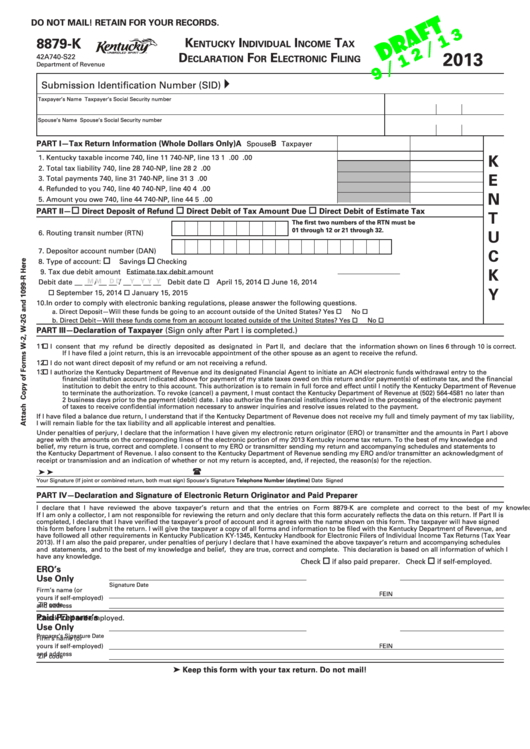 Form 8879-K Draft - Kentucky Individual Income Tax Declaration For Electronic Filing - 2013 Printable pdf