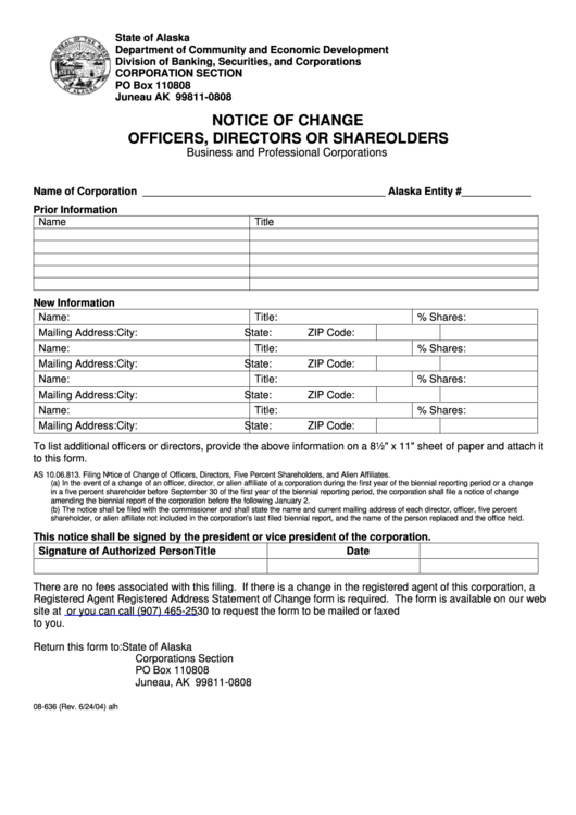 Fillable Form 08-636 - Notice Of Change Officers, Directors Or Shareolders - Business And Professional Corporations - 2004 Printable pdf