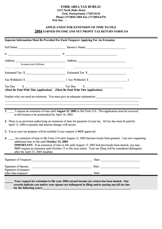 Form 214 - Application For Extension Of Time To File - Earned Income And Net Profit Tax Return - 2004 Printable pdf