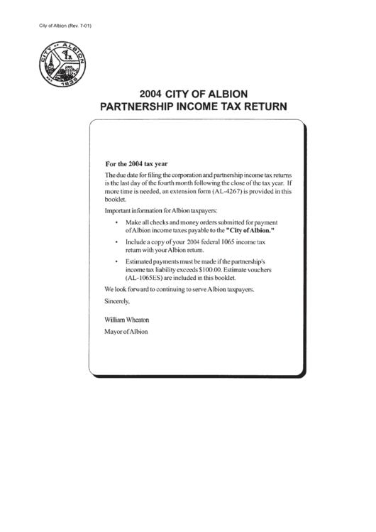 Form Al-1065 - City Of Albion Partnership Income Tax Return - 2004 Printable pdf