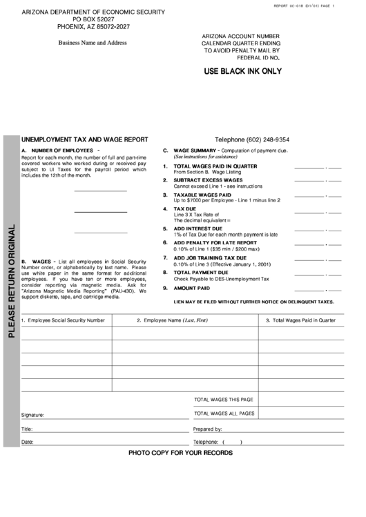 Fillable Form Uc-018 - Unemployment Tax And Wage Report Printable pdf