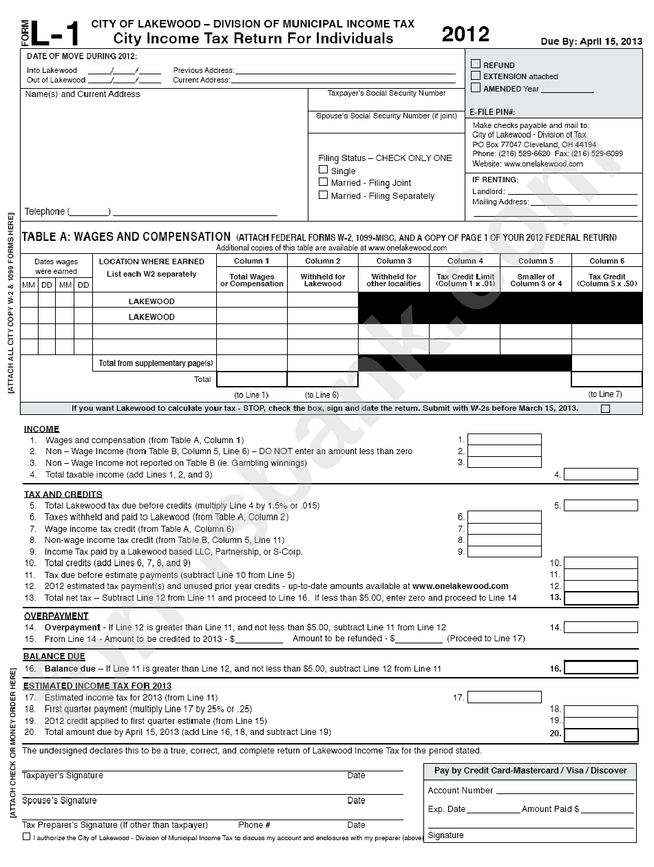 Form L-1 - City Income Tax Return For Individuals - 2012