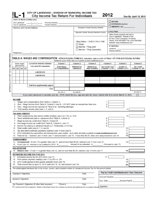 Form L-1 - City Income Tax Return For Individuals - 2012 Printable pdf