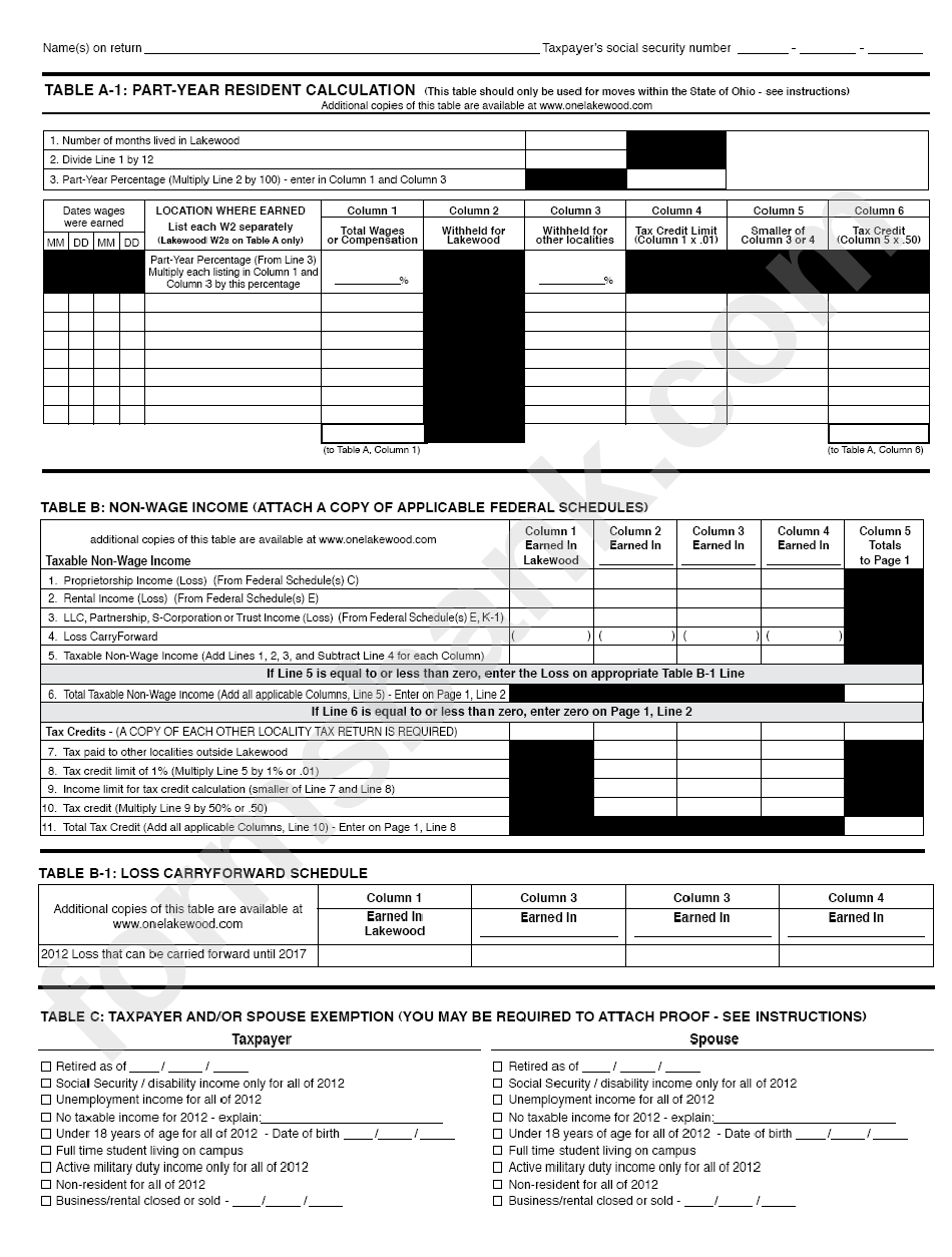 Form L-1 - City Income Tax Return For Individuals - 2012