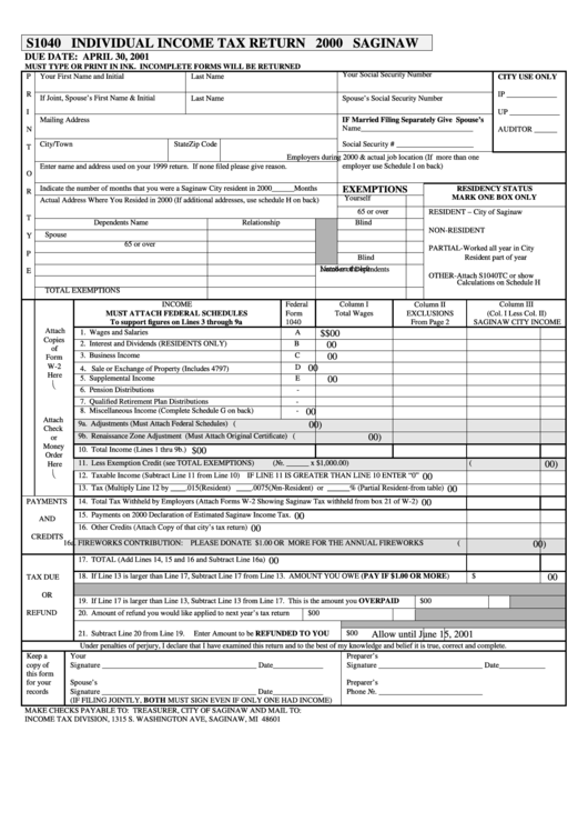 Form S1040 - Individual Income Tax Return - 2000 - Saginaw Printable pdf