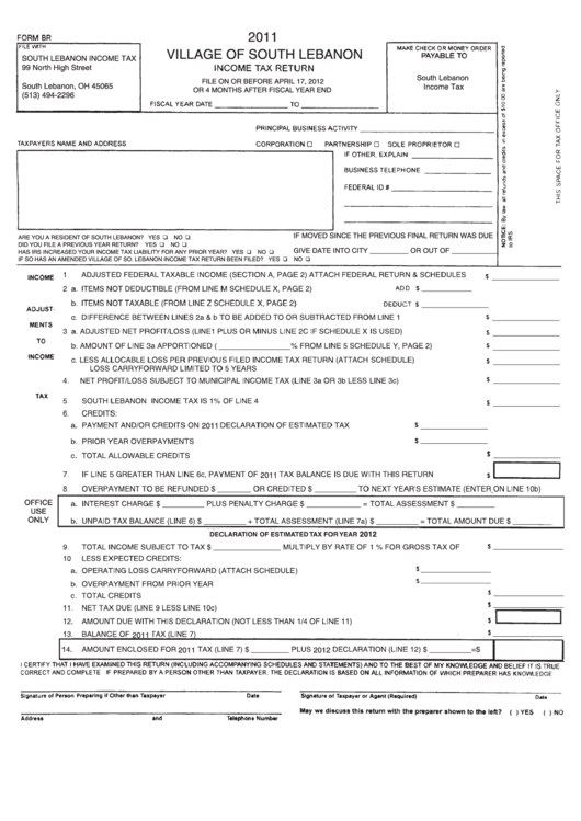 Form Br - Village Of South Lebanon Income Tax Return - 2011 Printable pdf