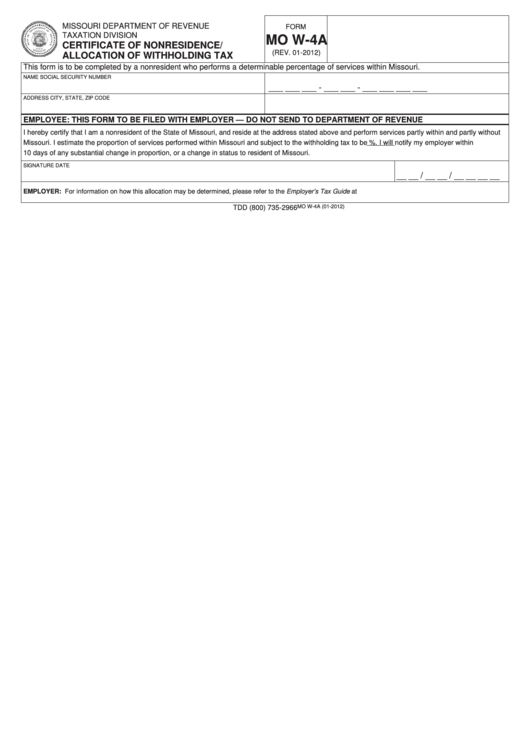 Fillable Form Mo W-4a - Certificate Of Nonresidence/ Allocation Of Withholding Tax Printable pdf