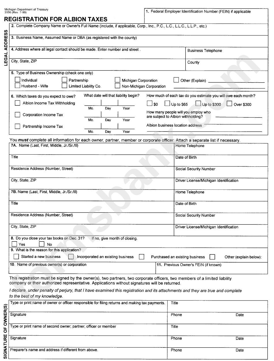Form 3156 - Registration For Albion Taxes