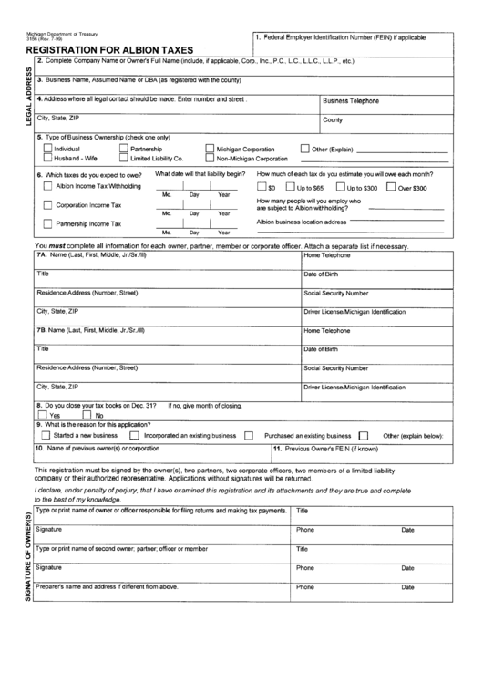 Form 3156 - Registration For Albion Taxes Printable pdf
