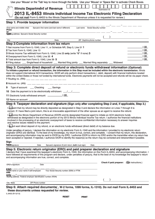 Fillable Form Il-8453 - Illinois Individual Income Tax Electronic Filing Declaration - 2013 Printable pdf