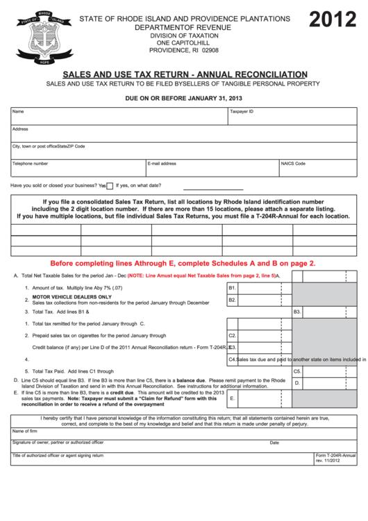 Form T-204r-Annual - Sales And Use Tax Return - Annual Reconciliation - 2012 Printable pdf