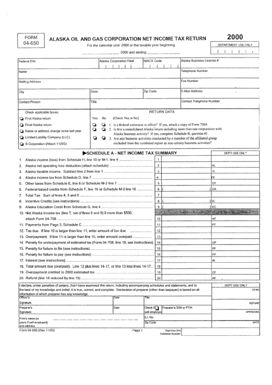 Form 04-650 - Alaska Oil And Gas Corporation Net Income Tax Return - 2000 Printable pdf
