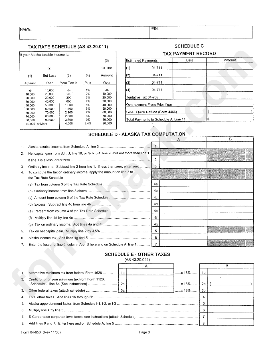 Form 04-650 - Alaska Oil And Gas Corporation Net Income Tax Return - 2000