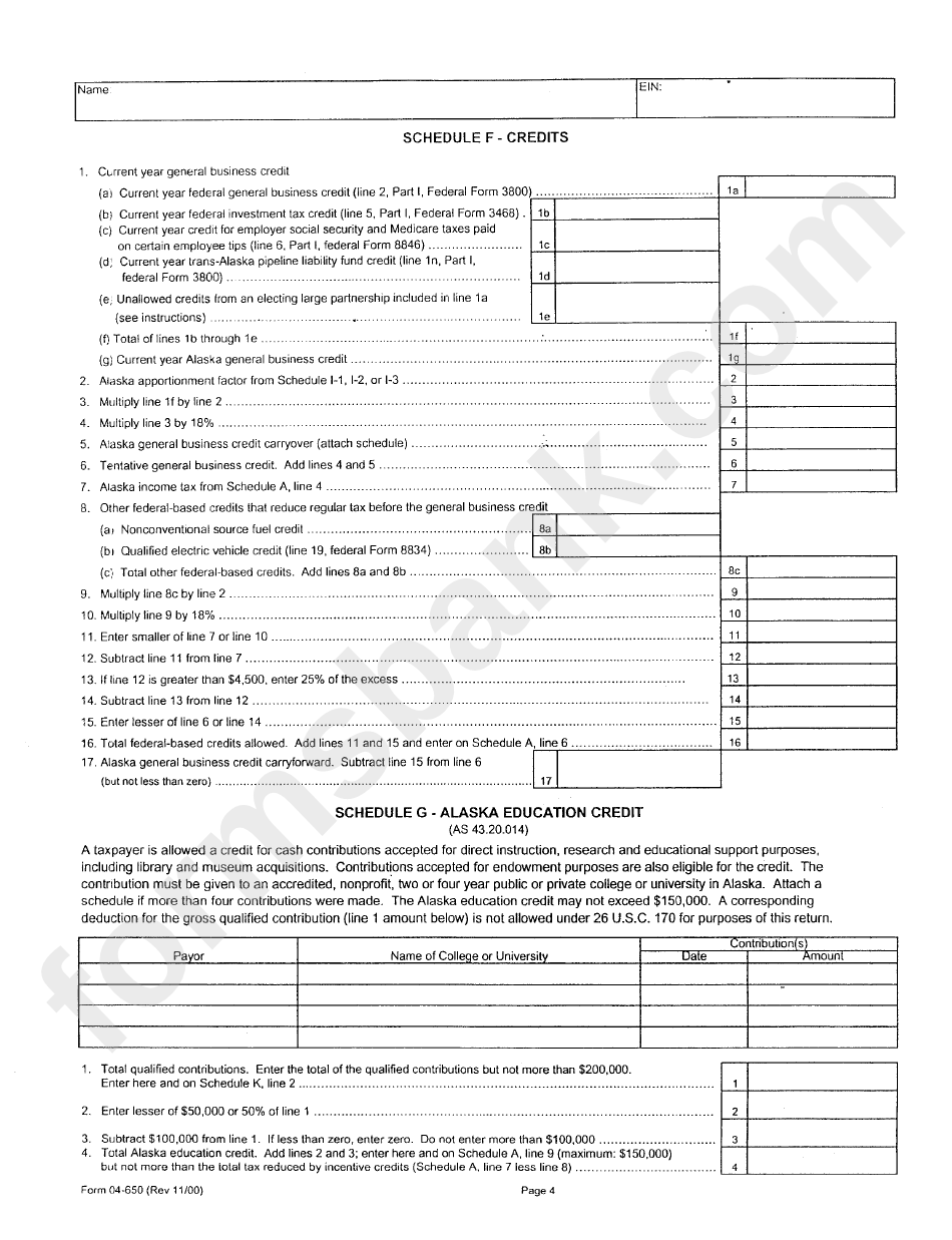 Form 04-650 - Alaska Oil And Gas Corporation Net Income Tax Return - 2000