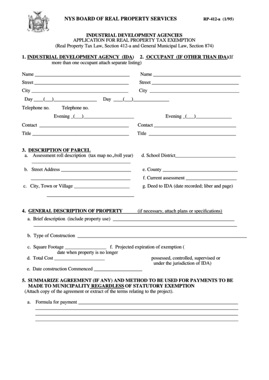 Fillable Form Rp-412-A - Industrial Development Agencies Application ...