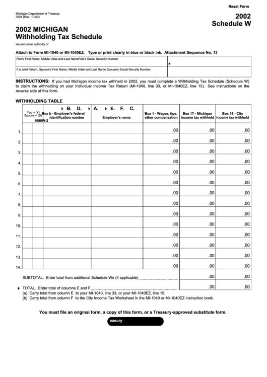 Fillable Form 3924 - Schedule W - Michigan Withholding Tax Schedule - 2002 Printable pdf