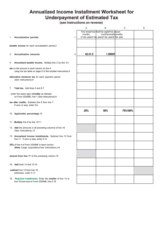 Annualized Income Installment Worksheet For Underpayment Of Estimated Tax Printable pdf