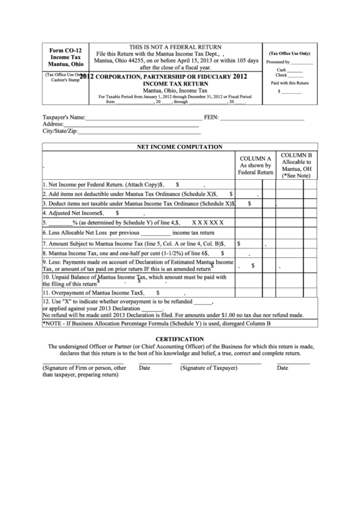 Form Co-12 - Corporation, Partnership Or Fiduciary Income Tax Return - 2012, Schedule X/schedule Y - Business Allocation Percentage Formula Printable pdf