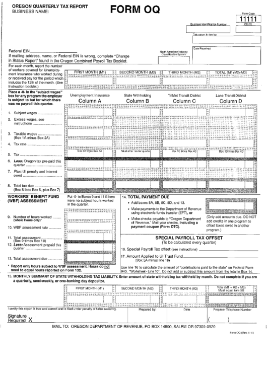 Form Oq - Oregon Quarterly Tax Report Printable pdf