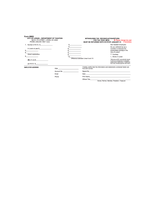 Form Mw3 - Withholding Tax Reconciliation Return - 2012 Printable pdf