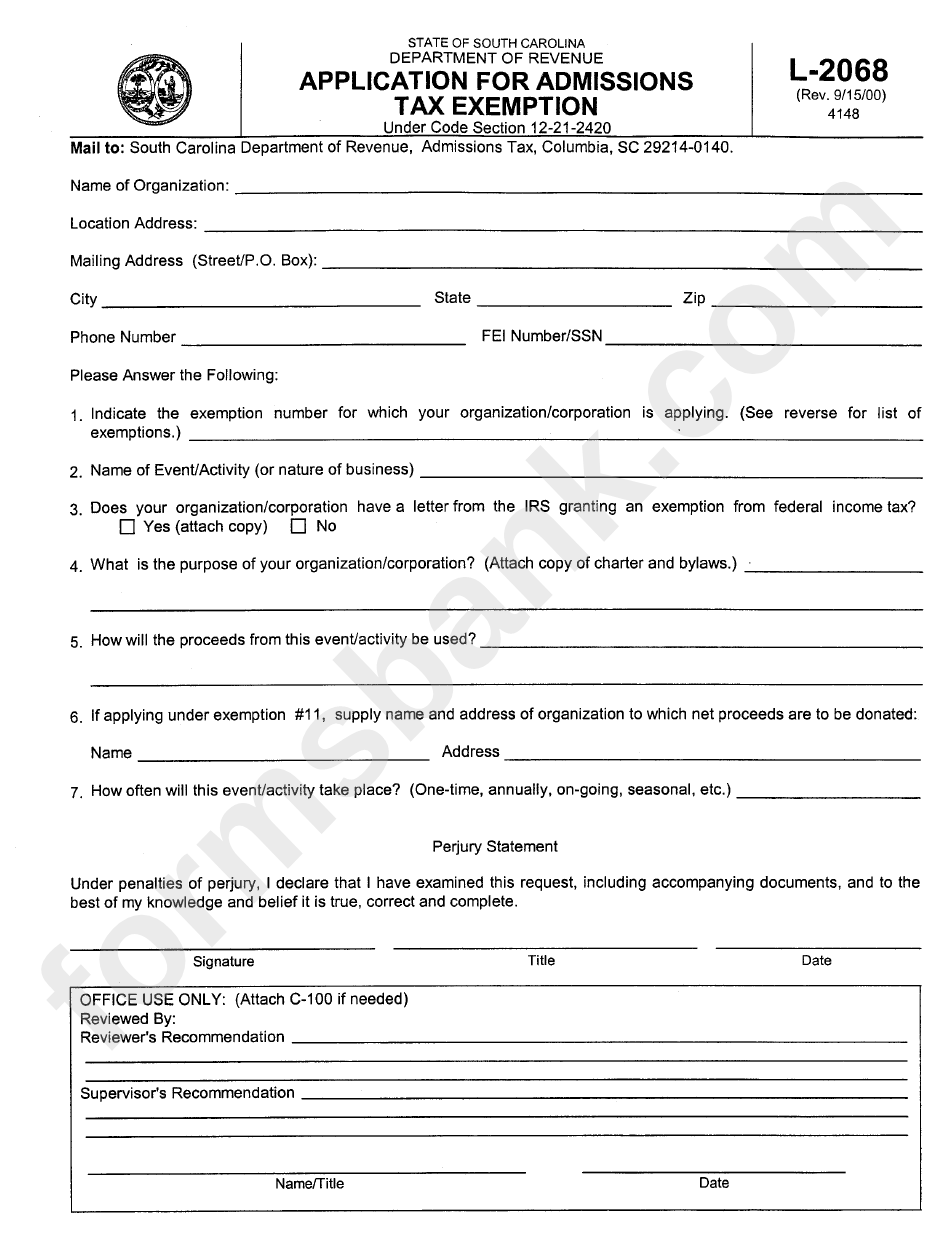 Form L-2068 - Application For Admissions Tax Exemption