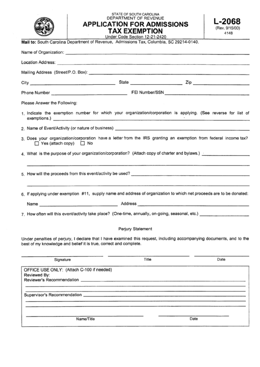 Form L-2068 - Application For Admissions Tax Exemption Printable pdf