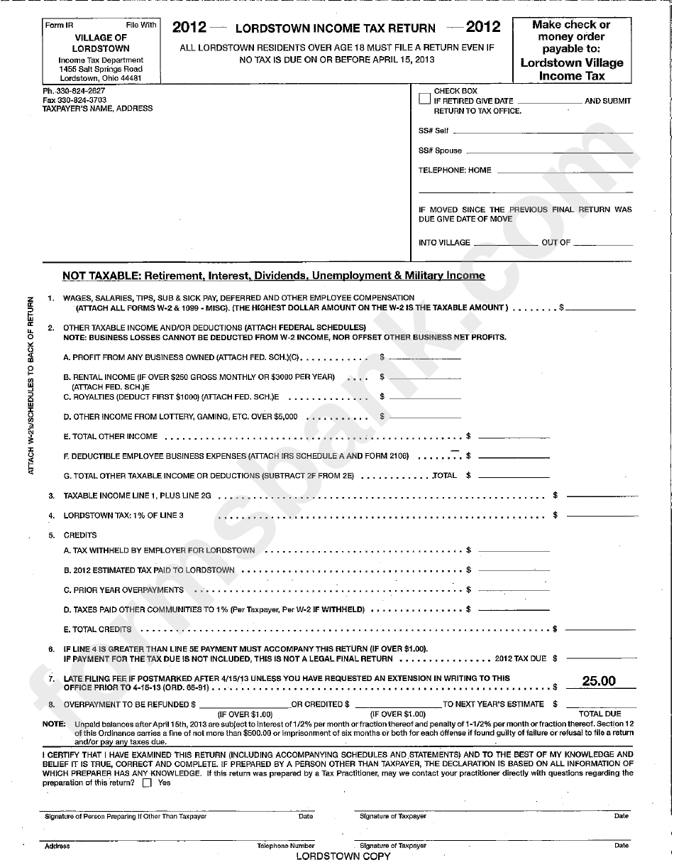 Form Ir - Lordstown Income Tax Return - 2012
