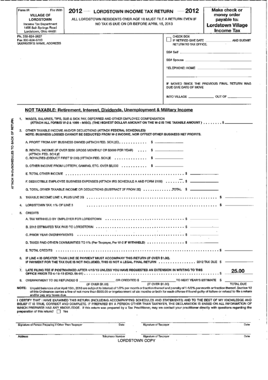 Form Ir - Lordstown Income Tax Return - 2012 Printable pdf