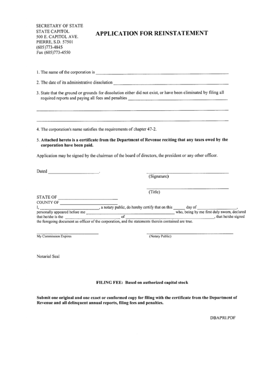 Application For Reinstatement - South Dakota Secretary Of State Printable pdf