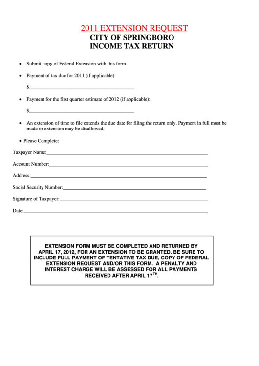 Income Tax Return Form - Extension Request - City Of Springsboro - 2011 Printable pdf