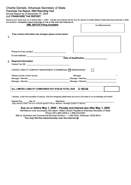 Llc Franchise Tax Report Form - Arkansas Secretary Of State - 2005 Printable pdf