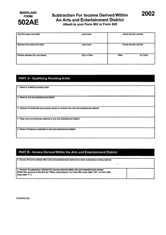 Form 502ae - Subtraction For Income Derived Within An Arts And Entertainment District - 2012 Printable pdf