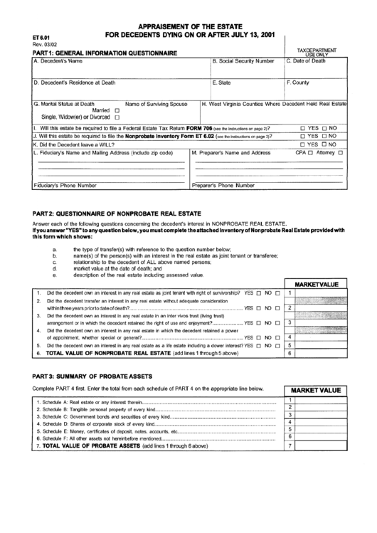 Form Et 6.01 - Appraisement Of The Estate For Decedents Dying On Or After July 13, 2001 Printable pdf