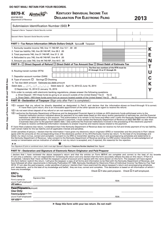 Form 8879-K - Kentucky Individual Income Tax Declaration For Electronic Filing - 2013 Printable pdf