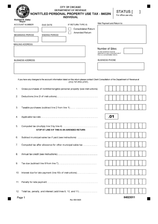 Form 8402in - Nontitled Personal Property Use Tax Printable pdf