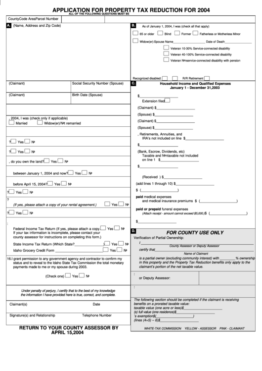 Application For Property Tax Reduction For 2004 - Idaho State Commission Printable pdf