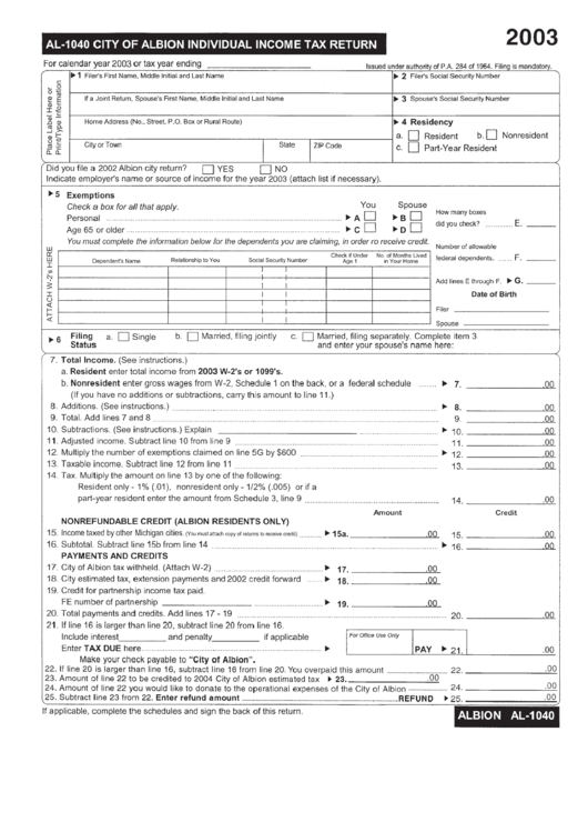 Form Al1040 City Of Albion Individual Tax Return 2003 printable pdf download