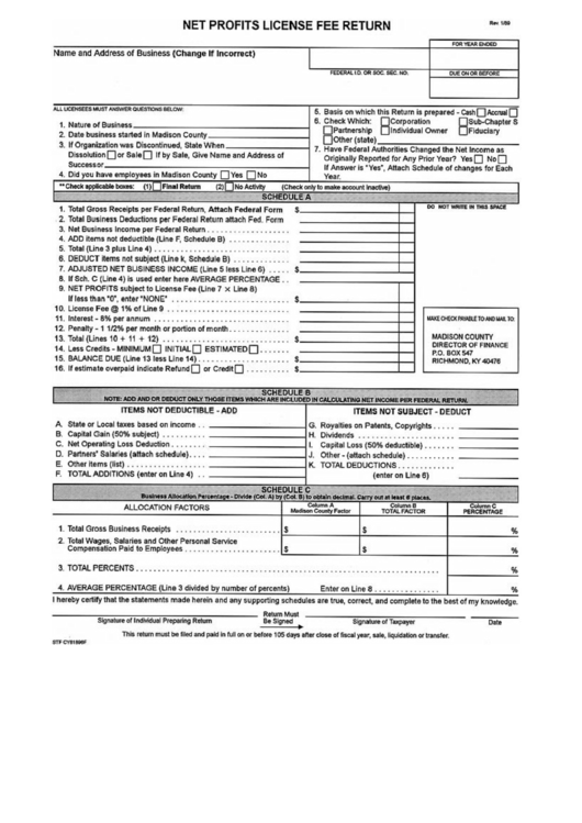 Net Profits License Fee Return - Madison County, Kentucky Printable pdf