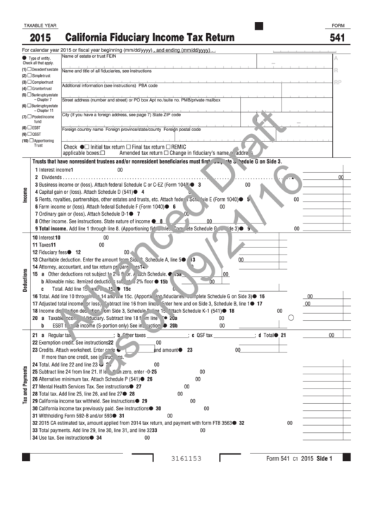 Form 541 Draft - California Fiduciary Income Tax Return - 2015 Printable pdf