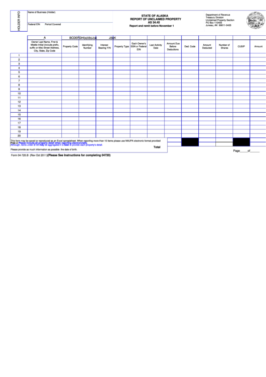 Form 04-720.b - Report Of Unclaimed Property As 34.45 - State Of Alaska - 2011 Printable pdf