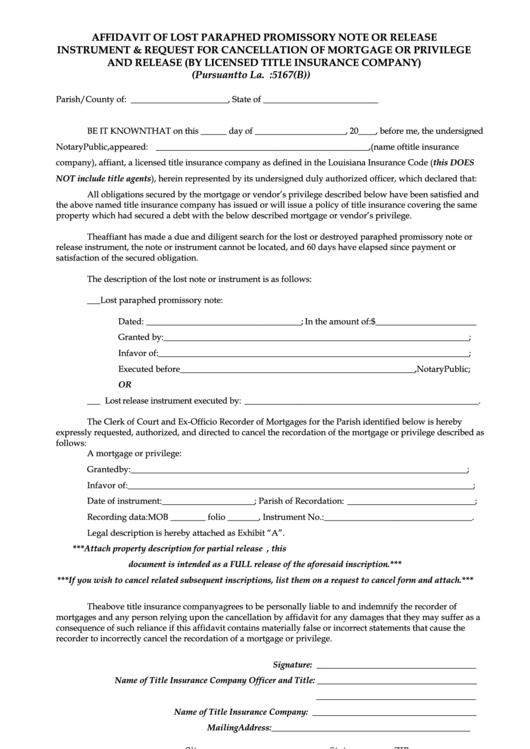 Affidavit Of Lost Paraphed Promissory Note Or Release Instrument ...