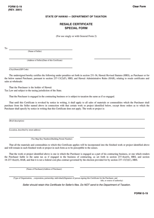 Fillable Form G-19 - Resale Certificate Special Form 2001 Printable pdf