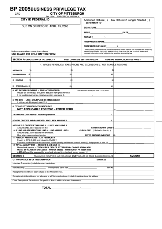 Form Bp - Business Privilege Tax - City Of Pittsburgh - 2005 Printable pdf