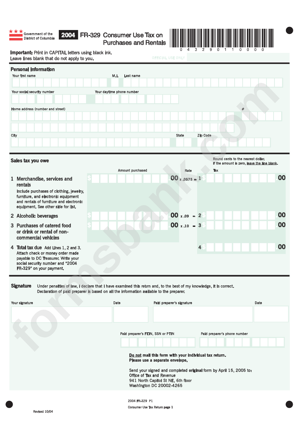 Form Fr-329 - Consumer Use Tax On Purchases And Rentals - 2004