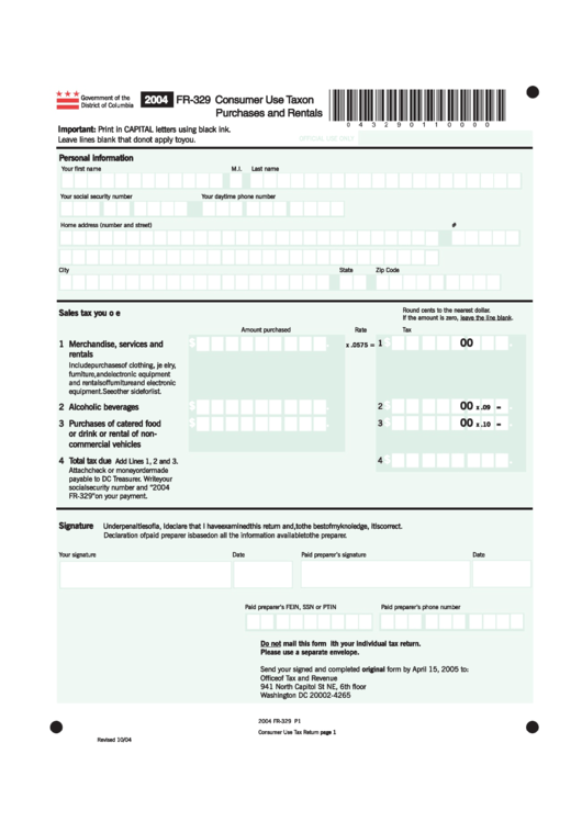 Form Fr-329 - Consumer Use Tax On Purchases And Rentals - 2004 Printable pdf